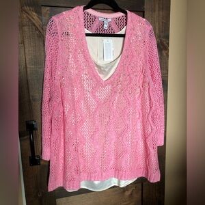 Open weave knit sweater with accompanying woven tank by Isaac Mizrahi